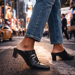 Brighton Black Leather Mules Block Heel Slide-On Womens Size 8